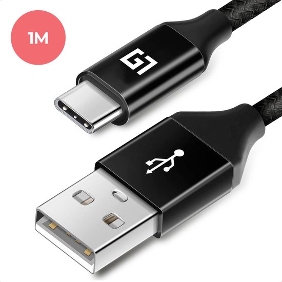 LifeGoods USB-C kabel - 1 Meter - 2.4A - Snelladen - USB C naar USB-A - Gevlochten Nylon - Zwart