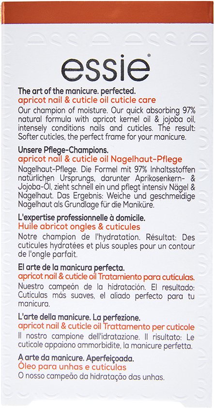 Essie verpakking met informatie over apricot nail & cuticle oil in meerdere talen.