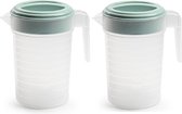 2x pichet à eau/pichet à jus transparent/vert menthe avec couvercle 1 litre en plastique - Pichet étroit qui tient dans la porte du réfrigérateur