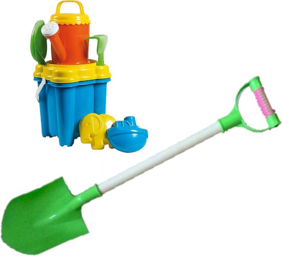 Strand/zandbak speelgoed kasteel emmer met vormpjes en klein schepje, hark, zeef + grote zandschep van 55 cm groen