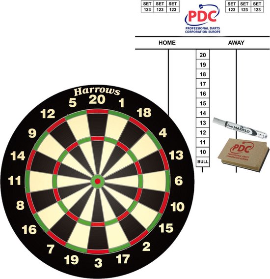 consensus Verdeel Roestig Dartbord Harrows set compleet van diameter 45 cm met 6 dartpijlen en een  scorebord set... | bol.com