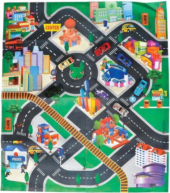 Autospeelkleed Down Town 80 x 70 cm inclusief autootjes - Speelkleed setje met twee autos