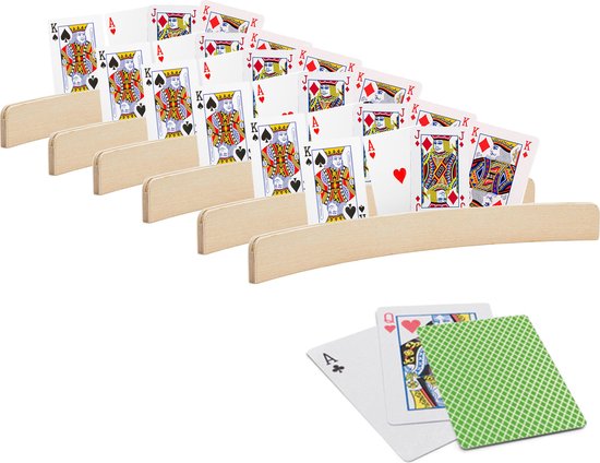 Afbeelding van het spel 6x stuks Speelkaarthouders - inclusief 54 speelkaarten groen geruit - hout - 35 cm - kaarthouders