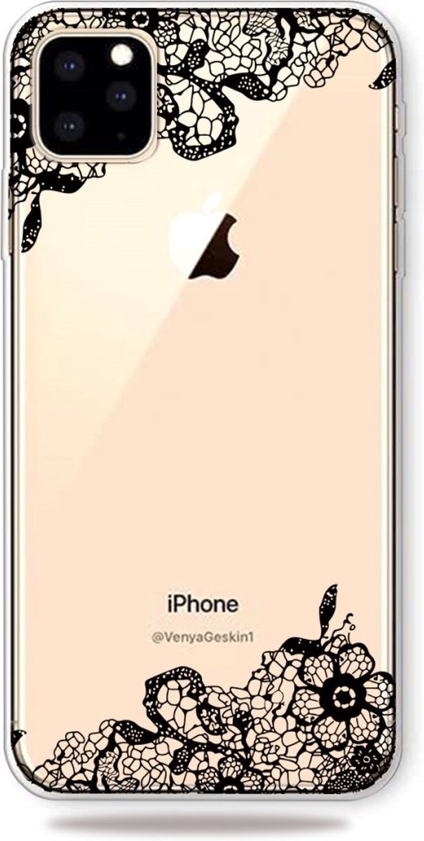 Peachy Zwart Wit Bloemen Getekend Omlijnd Creatief Hoesje iPhone 11 Pro Max TPU case - Doorzichtig