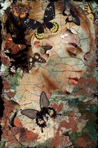 Glasschilderij Vrouw met Vlinders -Bruin, Crême,  Groen, Zwart - 80x120cm  -Gezicht Vrouw,  Levi Design