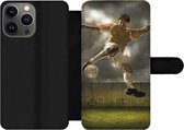 Bookcase Geschikt voor iPhone 13 Pro Max telefoonhoesje - Een illustratie van een voetballer die tegen de bal schopt - Jongens - Jongetje - Kids - Met vakjes - Wallet case met magneetsluiting