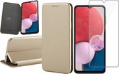 Hoesje geschikt voor Samsung Galaxy A13 4G - Book Case Lederen Wallet Cover Minimalistisch Pasjeshouder Hoes Goud - Tempered Glass Screenprotector