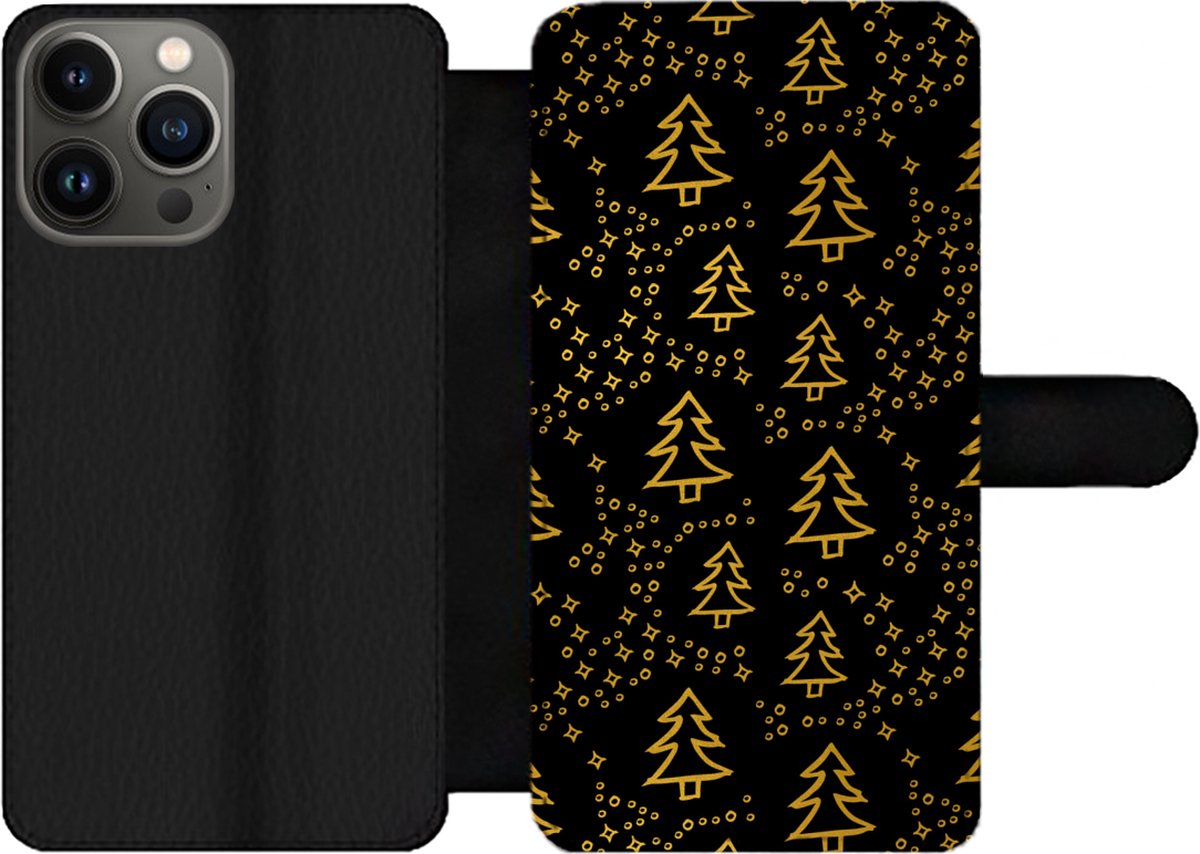 Telefoonhoesje Geschikt voor iPhone 13 Pro Max telefoonhoesje - Kerst - Goud - Zwart - Patroon - Met vakjes - Wallet case met magneetsluiting