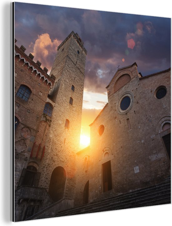Wanddecoratie Metaal - Aluminium Schilderij - De grote Toren van de stad San Gimignano in Italië
