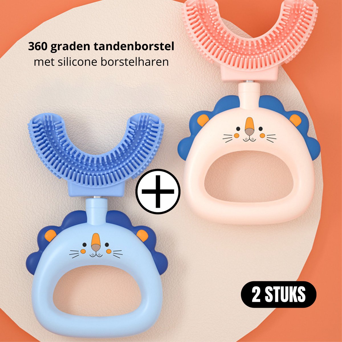 2 Stuks - 360 graden U vormige baby tandenborstel - Blauw Leeuw + Roze Leeuw - 2 in 1 Tandenborstel - Bijtring / Teether - Zachte siliconen - Kinderen tandenborstel - Jongen/Meisje