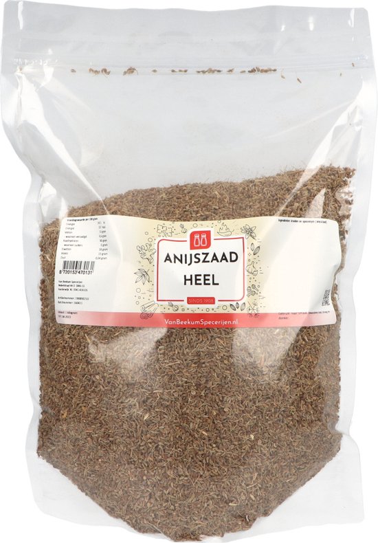 Van Beekum Specerijen Anijszaad Heel in een doorzichtige hersluitbare stazak gevuld met hele anijszaadjes.
