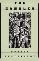 Boek kaft met de titel 'The Gambler' en 'Fyodor Dostoyevsky', met een zwart-wit illustratie van een menigte.
