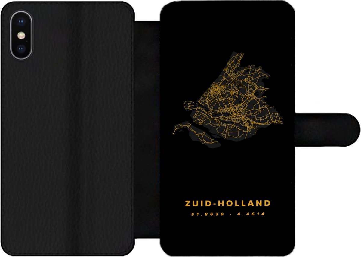 Bookcase Geschikt voor iPhone X telefoonhoesje - Zuid-Holland - Black and gold - Plattegrond - Met vakjes - Wallet case met magneetsluiting - Stadskaart