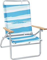 Draagbare strandstoel - met hoge rugleuning en liggende in 3 standen, opklapbare strandstoel met houten armleuningen, capaciteit 150 kg, blauwgroene en witte strepen