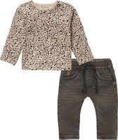 Noppies - Kledingset - 2delig - Broek Jeans Grijs - Shirt Bruin met panterprint - Maat 80