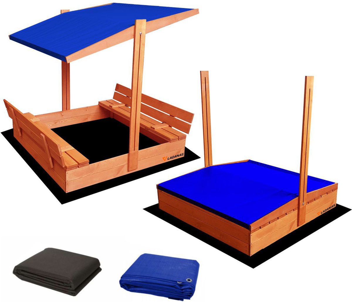 Ladanas® AFSLUITBARE zandbak met dak en banken incl. dekzeil + gronddoek - 120x120cm - GEIMPREGNEERD hout - blauw