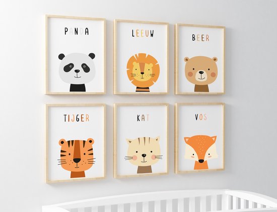 Happy Walls Set van 6 Dieren NL Babykamer Posters - A4 20x30cm - Kinderposters - Geboorte - Babyshower - Wanddecoratie kinderkamer 1 jaar - 2 jaar - 3 jaar - 4 jaar - 5 jaar - 6 jaar - 7 jaar - Wit