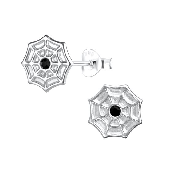 Joy|S - Zilveren spinnenweb oorbellen - 9 mm - zwart kristal