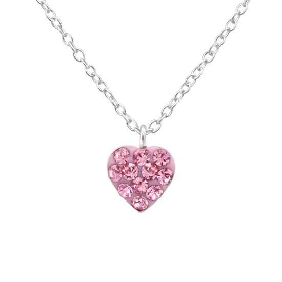 Zilveren hartje roze 13 kristal kinderketting | hart hanger ketting meisje | Zilverana | Sterling 925 Silver (Echt zilver)