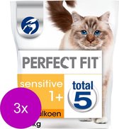 3x Perfect Fit - Sensitive Adult 1+ Brokjes - Kalkoen - Kattenvoer - 750g