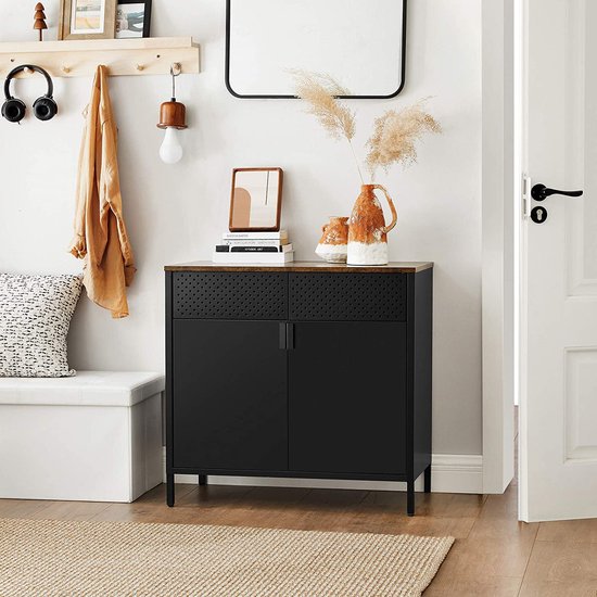 SONGMICS Opbergkast, metalen kast, dubbele deurkast, dressoir, magnetische sluiting, verstelbare planken, stalen frame, mat wit en eikenbeige LSC204WC01