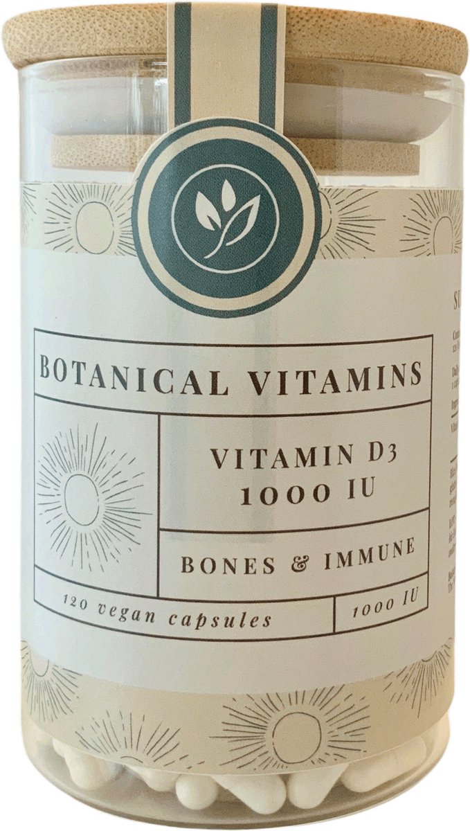 Vitamine D3 1000 IU - 120 capsules - Herbruikbare glazen Voorraadpot - Botanical Vitamins