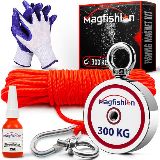 Magfishion dubbelzijdige magneetvissen set - 300 kg - vismagneet - 20 meter lang touw + karabijnhaak met schroefsluiting - handschoenen - borgmiddel - magneetvissen starterspakket - magneet vissen - outdoor