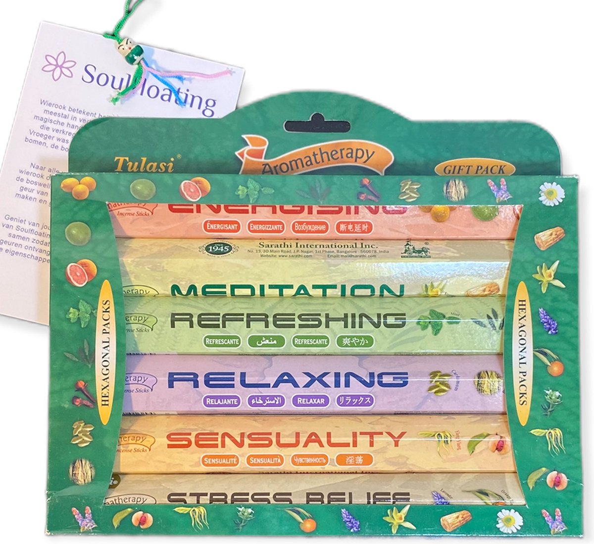 Tulasi - Giftpack Aromatherapy - 6 doosjes wierook stokjes - incl. Handleiding en GRATIS gelukspoppetje