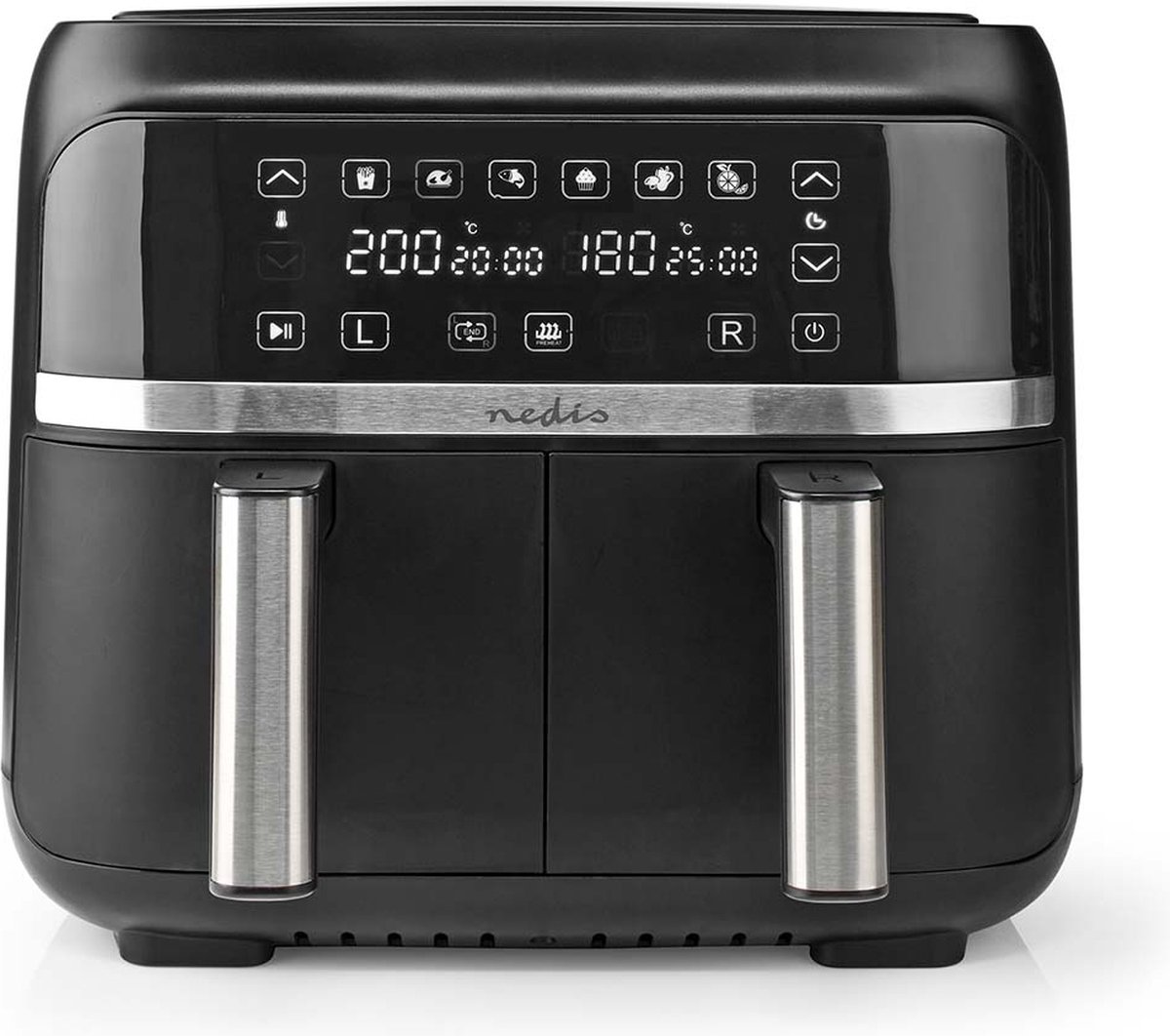 Nedis Dubbele Heteluchtfriteuse - 2x3.8 l - Tijdschakelaar: 60 min - Aantal vooraf ingestelde programma's: 6 - Digitaal - Zwart