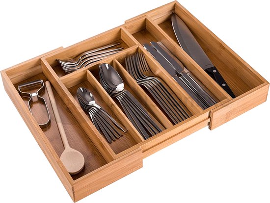 Relaxdays bestekbak uitschuifbaar, HxBxD: 6,5 x 23,5-40 x 31,5 cm, 7 vakken, keuken, bestek organizer kunststof, grijs