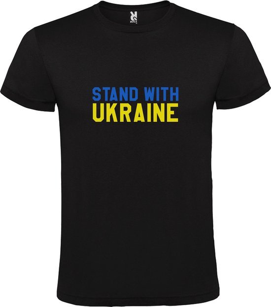 Zwart  T shirt met  print van "Stand with Ukraine " Print Blauw en Geel size XXXXL