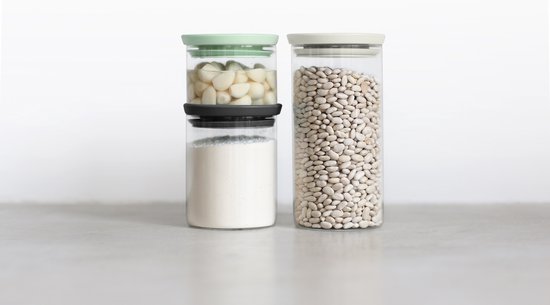 Brabantia Bocaux en verre empilables, set de 0,3 - 0,6 - 1,1 litre - Light Grey, Dark Grey en Jade Green