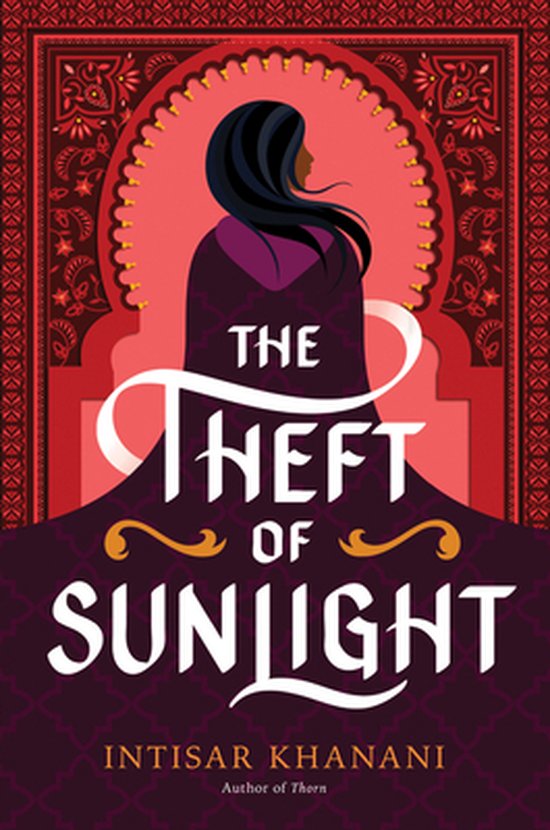 Boekomslag met een vrouw in paarse sjaal, met de titel 'The Theft of Sunlight'.