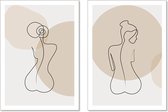 Canvas Schilderij Line Art Vrouwen - Boho - Abstract - 50 x 70 cm - Tweeluik