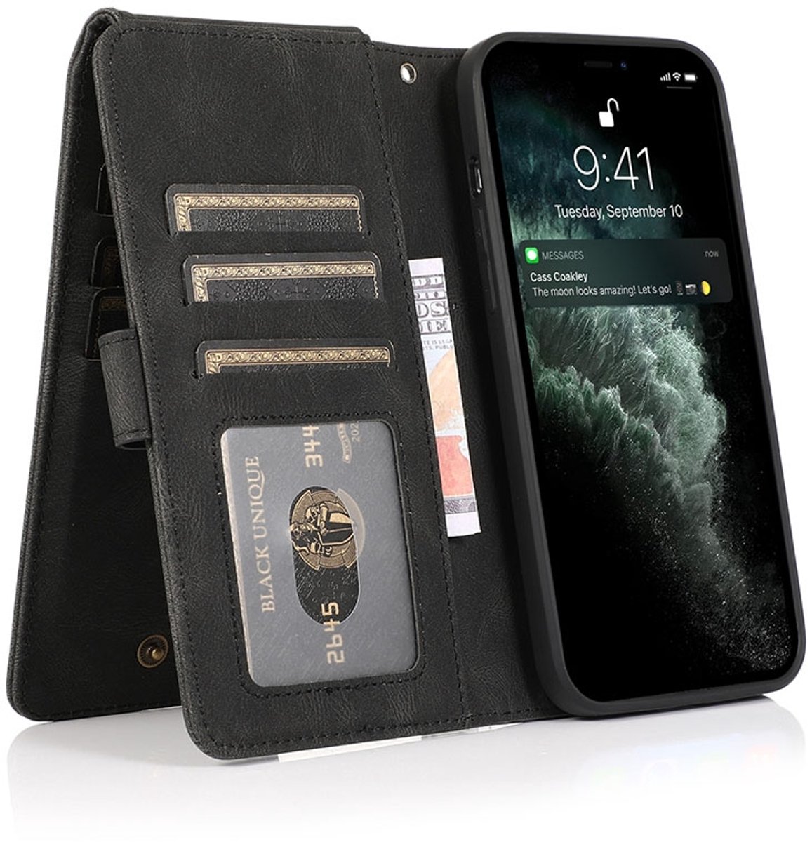 Zacht Leren geschikt voor iPhone 13 Pro Max Wallet Hoesje - zwart