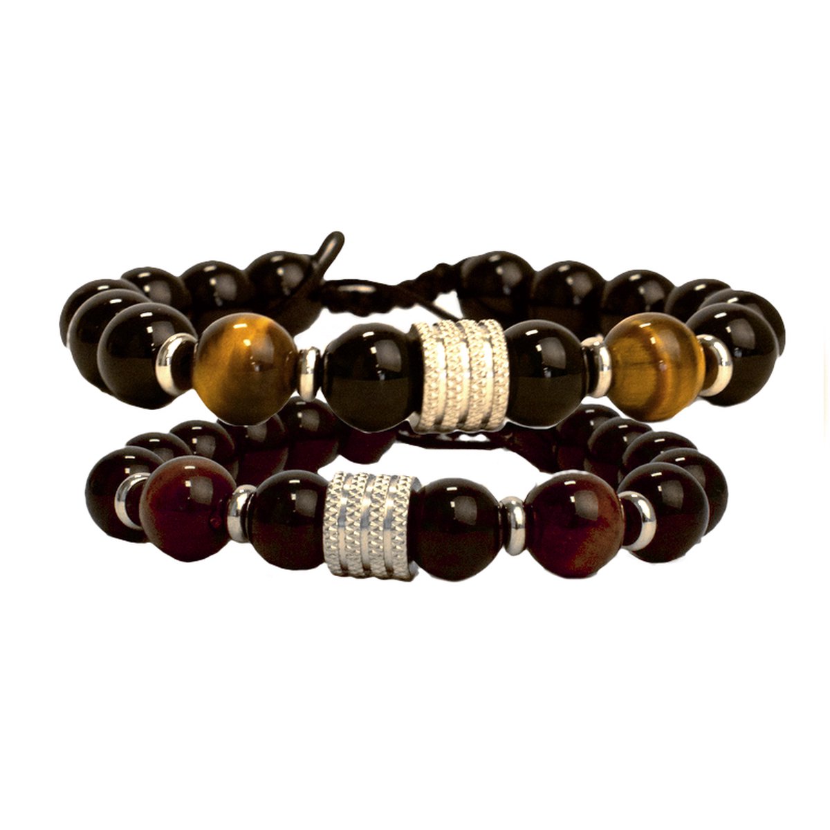 Natuurstenen armbanden | set van 2 | brown/red Eye | lavasteen | aanpasbaar | edelstenen armband heren | kralenarmband dames | zwarte kralenarmbanden set