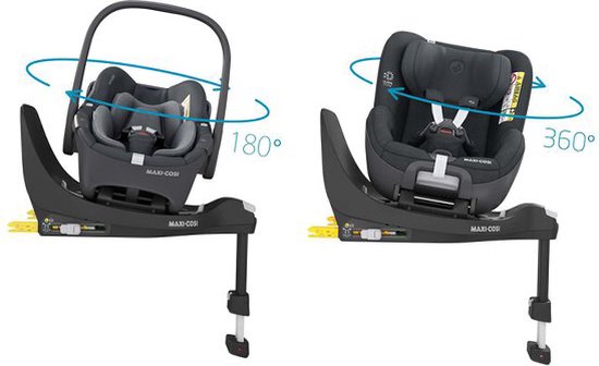 Maxi-Cosi FamilyFix 360 base toont 180° rotatie met draagbare autostoel en 360° met autostoel.