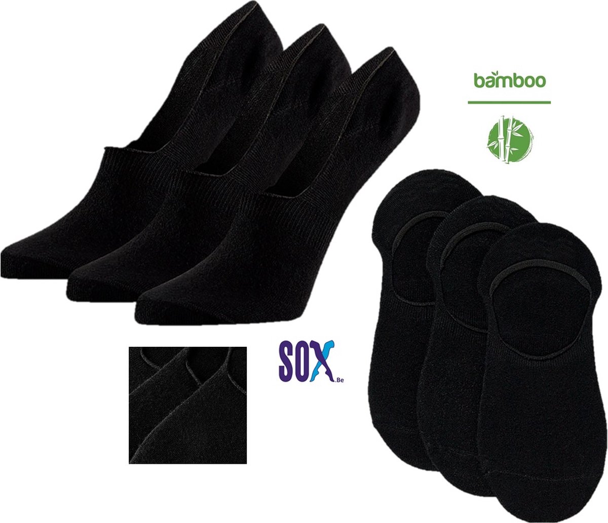 SOX Bamboe No-show Sneakersokken of Kousenvoetjes Zwart 3 PACK Multipack Unisex Maat 39/42 zonder teennaad met silicone op de hiel