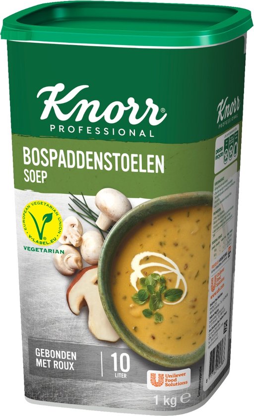 Knorr Professional Soupe de Champignons des Bois 1kg packaging avec logo Knorr, label végétarien et image de champignons et soupe.