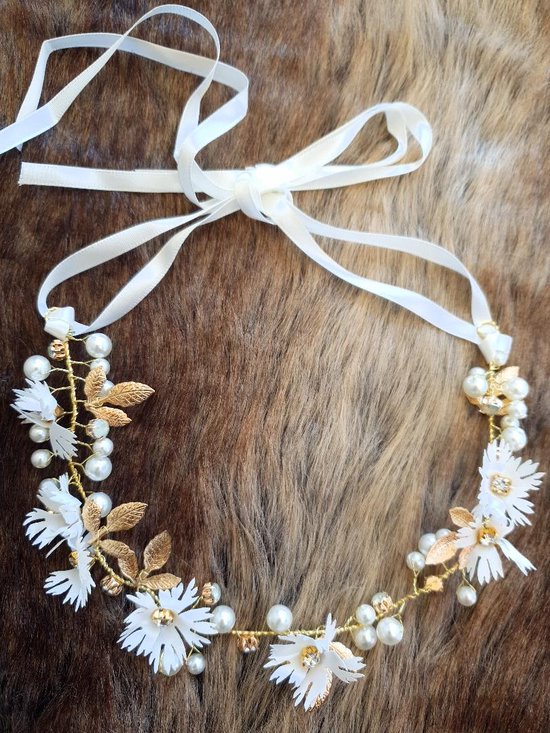 Deuk prioriteit Zichtbaar haarband - gouden diadeem-bloemenkroon-handgemaakte haaraccessoires-wit...  | bol.com