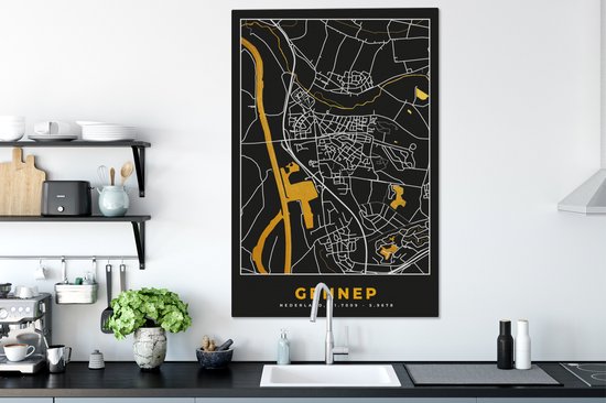 Tableau sur Toile Gennep - Plan de Ville - Black and Gold et Or - Carte - Carte - 80x120 cm - Décoration murale