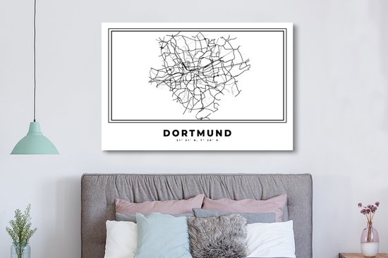 Canvas schilderij 150x100 cm - Wanddecoratie Stadskaart – Plattegrond – Duitsland – Zwart Wit – Dortmund – Kaart - Muurdecoratie woonkamer - Slaapkamer decoratie - Kamer accessoires - Schilderijen
