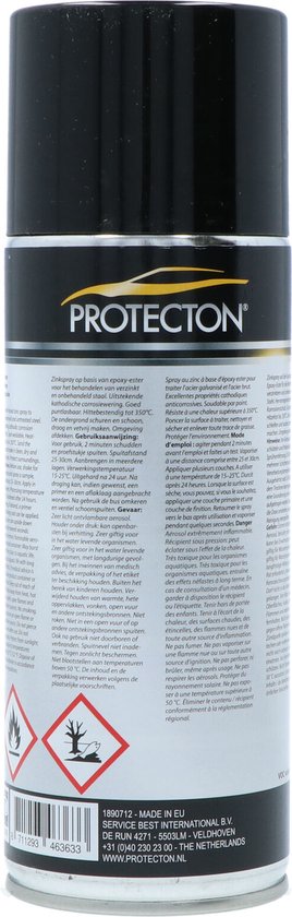 Protecton zinkspray blik met tekst in verschillende talen en waarschuwingssymbolen. 400ml.
