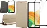 Hoesje geschikt voor Samsung Galaxy A33 - Book Case Lederen Wallet Cover Minimalistisch Pasjeshouder Hoes Goud - Full Tempered Glass Screenprotector