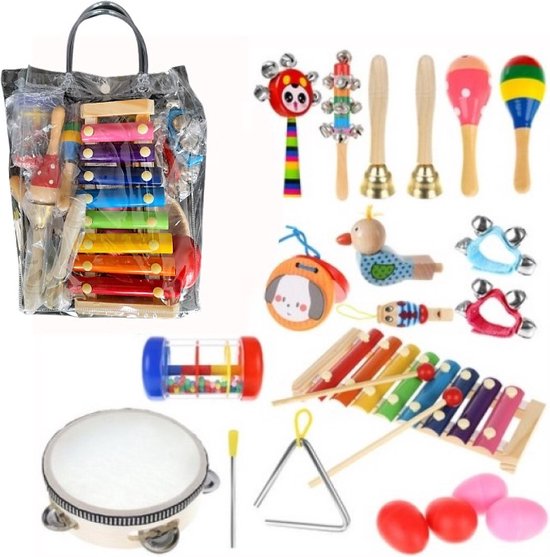 Houten Muziekinstrumenten in een Tas - 22 Delig - Speelgoed Instrumenten - Speelgoed Muziekinstrumenten Set - Educatief Speelgoed - Kinderspeelgoed - Muziek Speelgoed Voor Kinderen Peuters