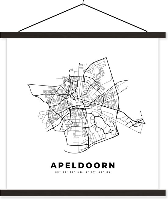 Porte-affiche avec affiche - Affiche scolaire - Plan de la ville - Zwart Wit - Carte - Apeldoorn - Nederland - Carte - 90x90 cm - Lattes noires