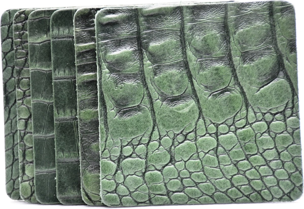 Leren onderzetters groen met croco structuur - vierkant - set van 6 stuks.