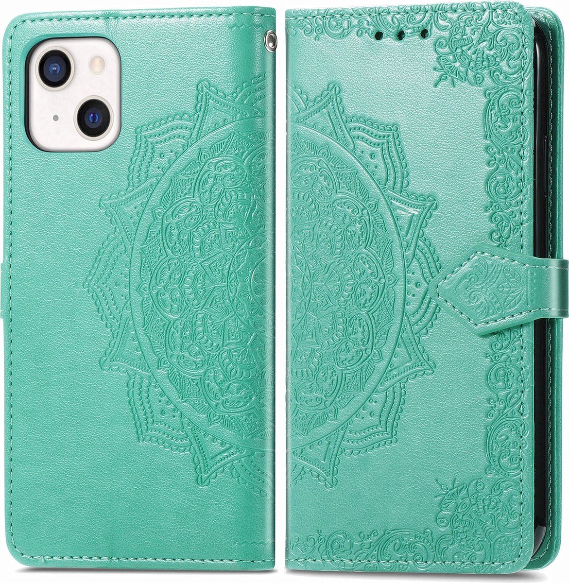 Bookcase geschikt voor Apple iPhone 13 Mini - Groen - Bloemen - Portemonnee Hoesje