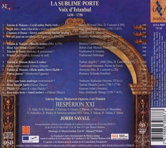 De cd-hoes bevat albumtitel 'La Sublime Porte Voix d'Istanbul 1430-1750'.