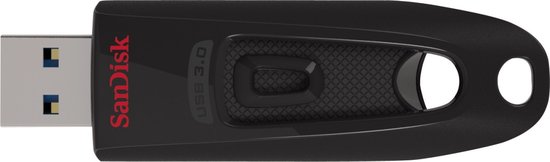Zwarte SanDisk USB 3.0 stick, bovenaanzicht, met rode logo en sleutelring.